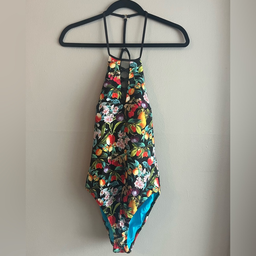Nanette Lepore Amor Atitlan Black Tropical Fruit & Floral Halter One-Piece